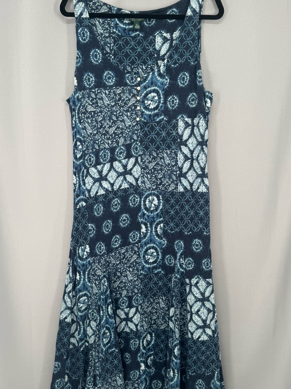 Lauren Ralph Lauren Patchwork Dress Womens XL Blue Cotton Sleeveless Summer